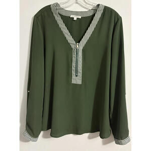 Notations Womens L Blouse V-Neck Zipper Green Striped Trim Career Long Sleeve